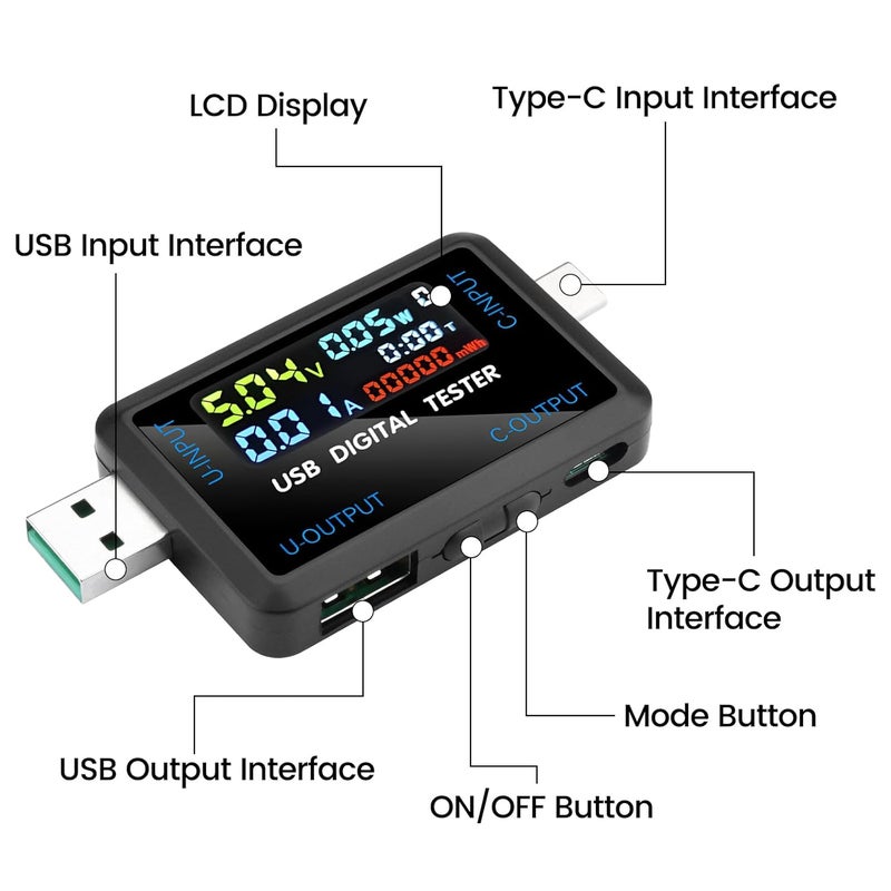 FORIOT USB and Type-C Tester - Multi-Functional Digital Tester for DC 4.5-36V, 0-8A Current and Voltage Meter, Supports Multiple Fast Charging Protocols - Image 3